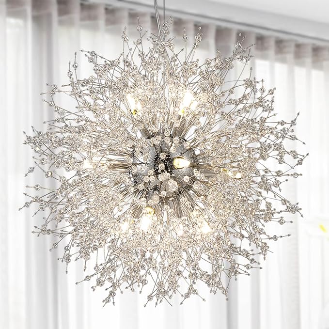 Fireworks Crystal Chandelier, 16-Light Modern Crystal Sputnik Chandeliers, 80W Chrome Dandelion Chandelier Light Fixtures for Living Room Bedroom Dining Room