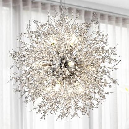 Fireworks Crystal Chandelier, 16-Light Modern Crystal Sputnik Chandeliers, 80W Chrome Dandelion Chandelier Light Fixtures for Living Room Bedroom Dining Room