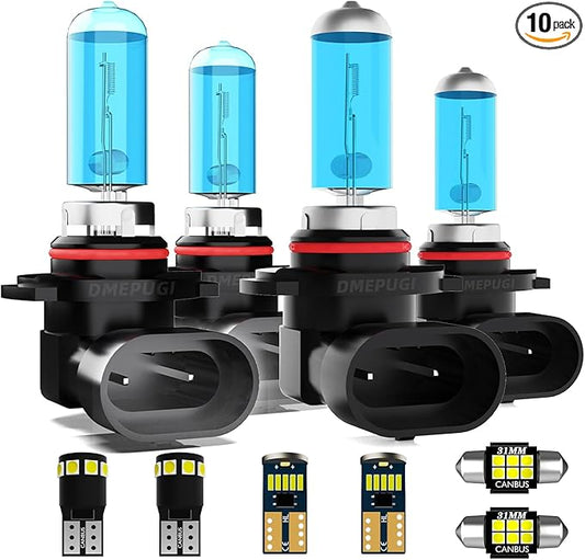 Compatible With Honda Civic 2005-2011 Halogen HeadLights Bulbs, 9005 High Beam + 9006 Low Beams + Interior Bulbs Package + License Plate Lights combo,Plug N Play,10 Pack