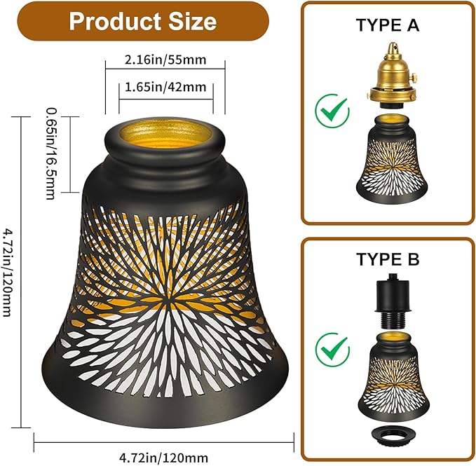 Ceiling Fan Replacement Globes, 4 Pack Chrysanthemum Pattern Fixture Replacement Globes Shades with 1-5/8" Fitter, ALUCSET 4.5" Height and 4-3/4" Diameter, Metal Cover for Pendant Lamp Wall Lamp