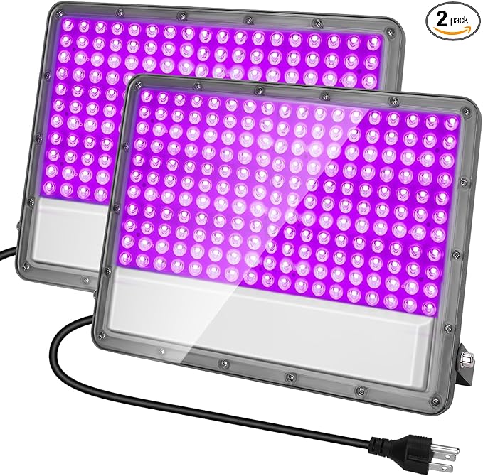 300W LED Black Light: 110V Plug-in UV Flood Light for Neon Glow Party, Halloween, Christmas Decor and Art Displays, IP65 Waterproof Blacklight for Outdoor or Indoor Use, 2 Pack