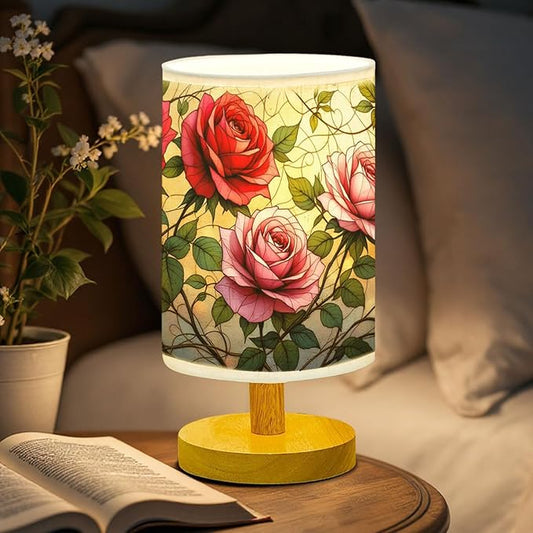 Rose Table Lamp LED 3-Color Pressed Bedside, Rose Shade Lamp with Wood Base for Bedroom Living Room Desk Office