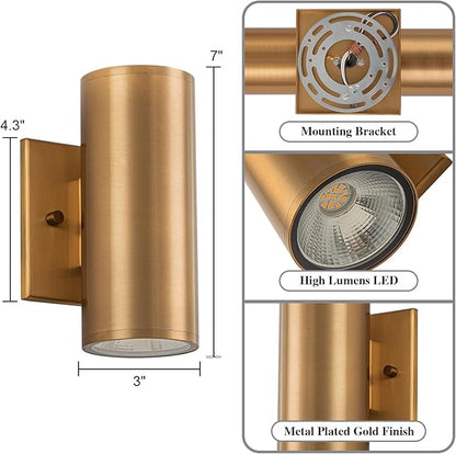 Up and Down Lights Outdoor, Modern Gold LED Outdoor Wall Lights Fixture in 2 Lights, 7 inch Cylinder Exterior Light Fixture Wall Mount for Porch Patio Garage House Entryway