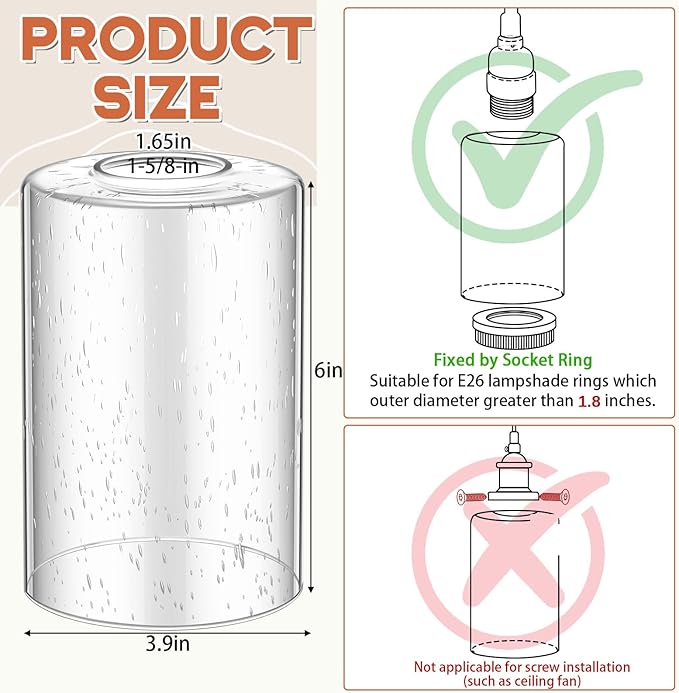 3 Pcs Clear Bubble Seeded Glass Shade Replacements for Pendant Light Fixtures Glass Lamp Shade Cover, 1-5/8 Inch Fitter E26 Base, 4"w x 6"h, Replacement Lamp Globe for Chandelier Wall Sconce