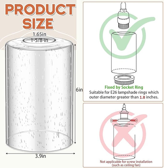 6 Pcs Clear Bubble Seeded Glass Shade Replacements for Pendant Light Fixtures Glass Lamp Shade Cover, 1-5/8 Inch Fitter E26 Base, 4"w x 6"h, Replacement Lamp Globe for Chandelier Wall Sconce