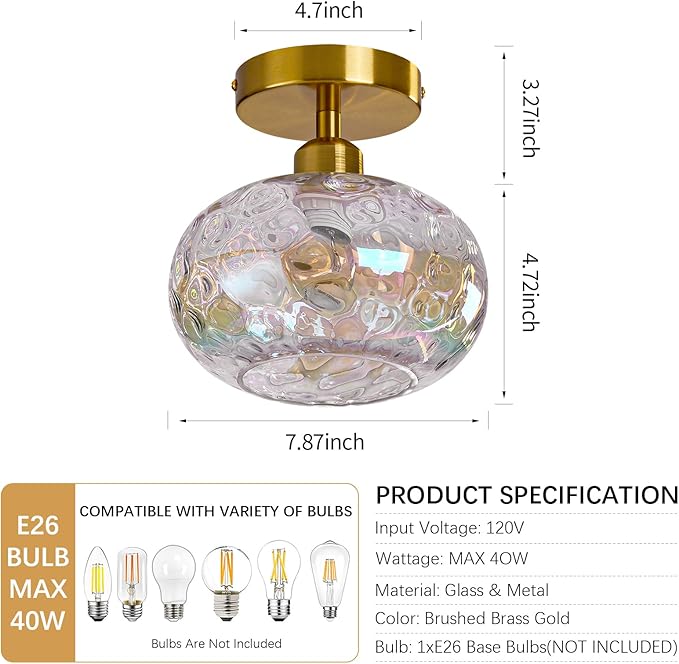 Vintage Glass Flush Mount Ceiling Light - 7.9 Inch Iridescent Hammered Glass Hallway Light fixtures Ceiling, Gold Semi Flush Mount Ceiling Light for entryway Foyer Laundry Room Kitchen