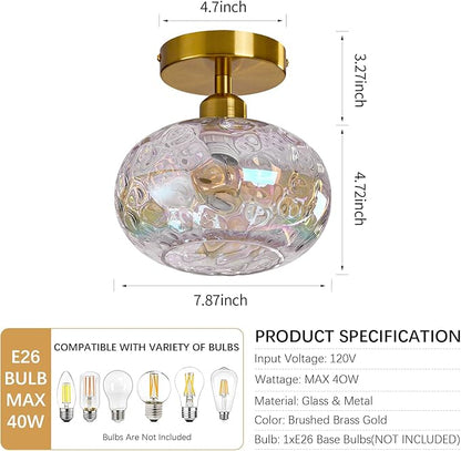 Vintage Glass Flush Mount Ceiling Light - 7.9 Inch Iridescent Hammered Glass Hallway Light fixtures Ceiling, Gold Semi Flush Mount Ceiling Light for entryway Foyer Laundry Room Kitchen