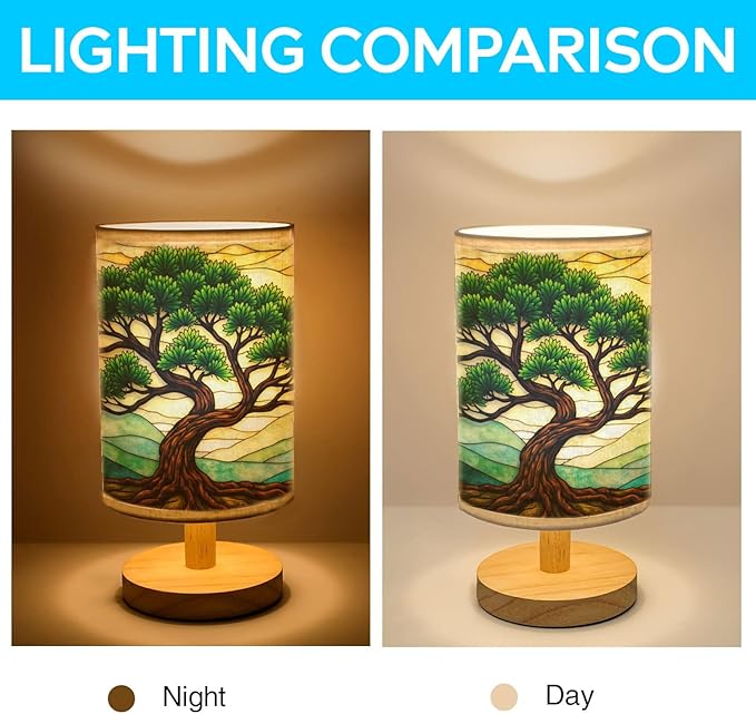 Cedar Tree Lamp LED 3-Color Pressed Bedside, Cedar Tree Shade Lamp with Wood Base for Bedroom Living Room Desk Office