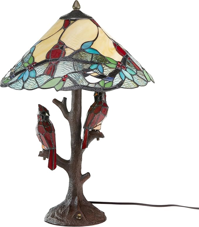 RIVER OF GOODS - Stained Glass Triple Lit Cardinals on Tree Table Lamp - 23.75" in - Table Lamp for Bedroom - Bedside Lamp - Desk Lamps for Home Office - Tiffany Style - Multi Color