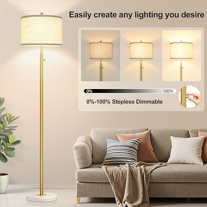 【Upgraded】 Dimmable Floor Lamp for Living Room, 11W LED Bulb Included, Modern Standing Lamp with Marble Base, Tall Pole Light with Linen Shade for Bedroom Reading Office Corner Nursery-Brass Gold