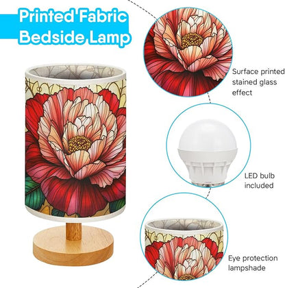 Carnation Table Lamp LED 3-Color Pressed Bedside, Carnation Shade Lamp with Wood Base for Bedroom Living Room Desk Office TL01