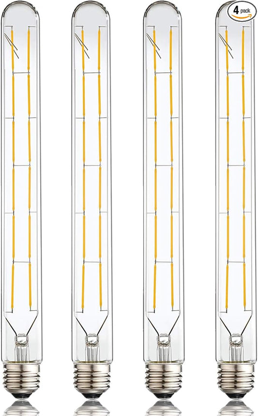 Leools LED Tube Bulbs,T10 Tubular Edison Style LED Filament Bulb, 12W Dimmable Antique LED Bulb,E26 Base,Clear Glass,Warm White,2700K,1000LM(75-100W Equivalent),11.8inch,Pack of 4