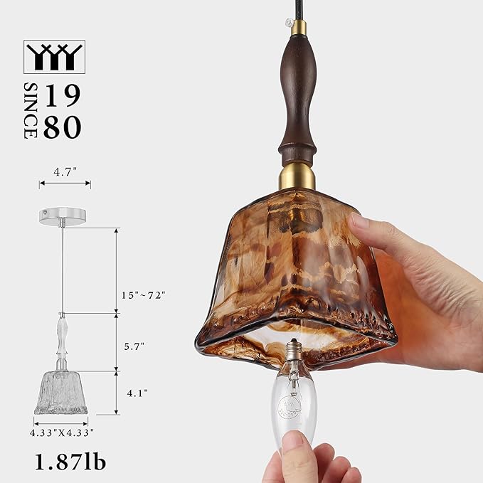 Modern Amber Glass Pendant Light, 4.33"x9.8" Hanging Fixture with Golden Wood Handle & Brass Cap, 15"-72" Adjustable Line, E26 Socket – Golden Amber Square