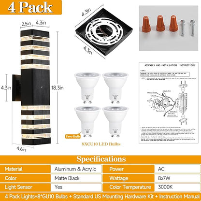18.3 Inches Dusk to Dawn Outdoor Lighting,Up and Down Exterior Light Fixtures with 4 * 7W LED Bulbs,Waterproof Modern Long Outdoor Wall Light,Black Outdoor Porch Light for House 4 Packs