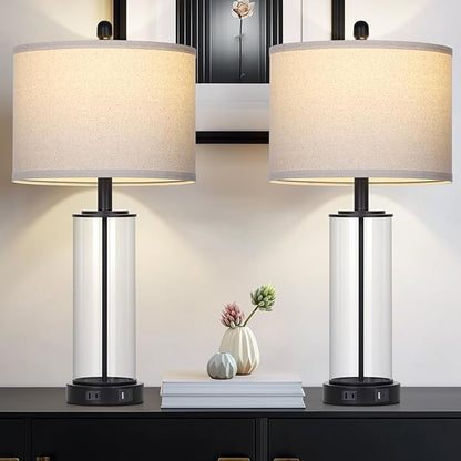 26" Black Glass Table Lamps Set of 2, 3-Way Dimmable Touch Control Glass Lamps for Living Room, Modern Bedroom Lamp with USB C+A Ports & Outlet, Classic Bedside Lamp for Nightstand Side End Decoration