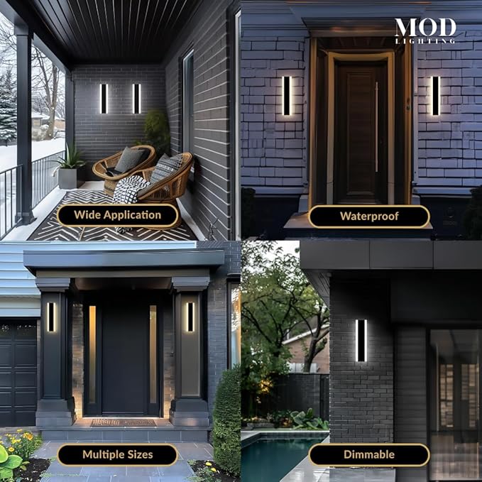 𝗠𝗢𝗗 𝗟𝗜𝗚𝗛𝗧𝗜𝗡𝗚 Haylen | Waterproof Outdoor Wall Light, LED Dimmable with Remote 3000K-6000K, Long Outdoor Porch Lights, Wired Lighting Fixture, Patio Exterior Wall Sconce, 2-Pack (Black, 12")