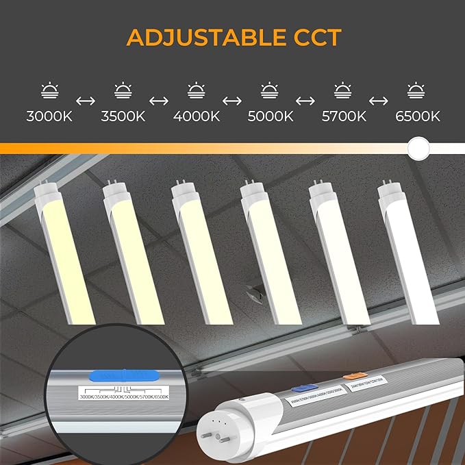25PK 4FT LED T8 Tube Light, Frosted 24W-10W Selectable Watt & CCT 6500K-3000K, Type A+B Plug&Play or Ballast Bypass 4 Foot Fluorescent Tube Replacement, 120-277V Single or Double Ended, ETL