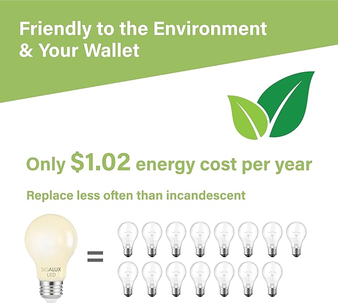 Dimmable E26 LED Light Bulb 60 Watt Equivalent, Sigalux Energy Star Certified Daylight 2700K LED Filament Bulb, A19 LED Edison Vintage Antique Frosted Bulbs with Medium Base, 800LM, UL Listed, 6 Packs