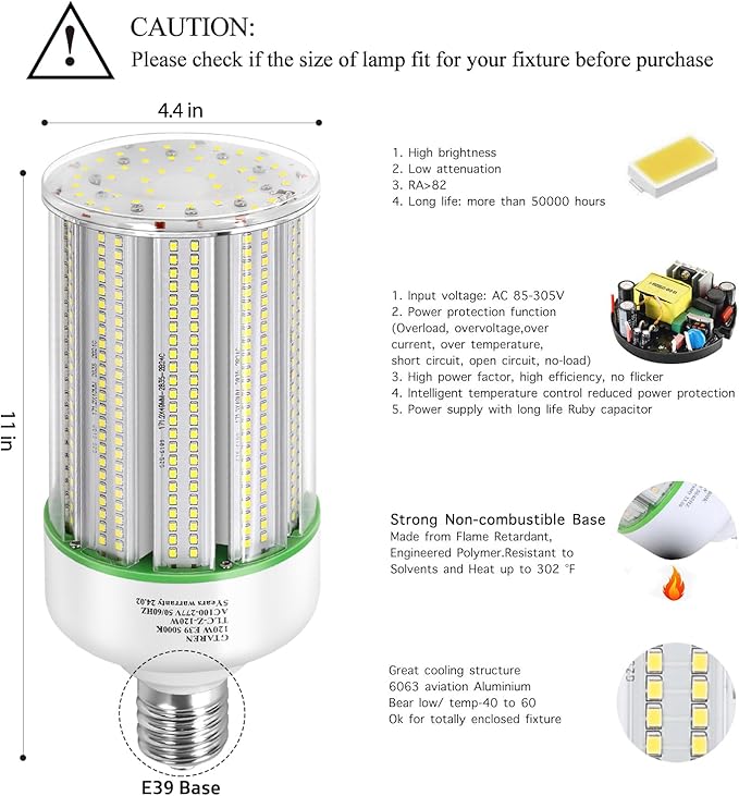 120W LED Corn Light Bulb 2pack,Replacement Metal Halide HPS CFL 500 Watt HID lamp,5000K E39 Mogul Base LED Corn lamp,for Area Lighting Wearehouse Factory Parking lot shoebox Bay Light
