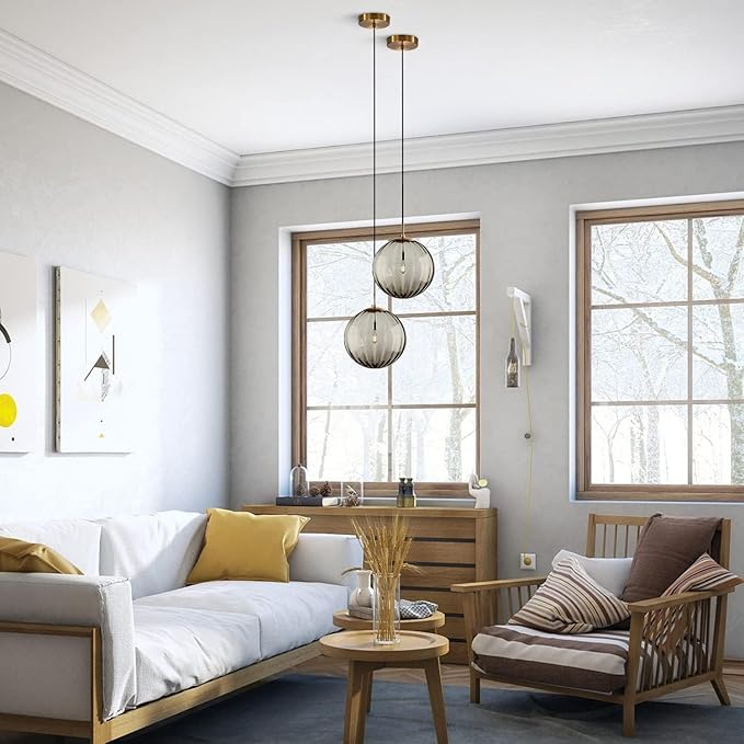 KCO Lighting Modern Large Globe Pendant Light Fixture Mid Century Smoke Grey Glass Pendant Light Vintage Hanging Lights Single Gold Globe Chandelier Kitchen Island Lighting (Smoke Gray-9.8”)