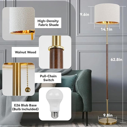 Wood Floor Lamp for Living Room Gold Traditional Farmhouse Floor Lamps Mid-Century Pole Lamp with Linen Lamp Shade, Standing Tall Floor Lamps for Bedrooms and Office (Gold)