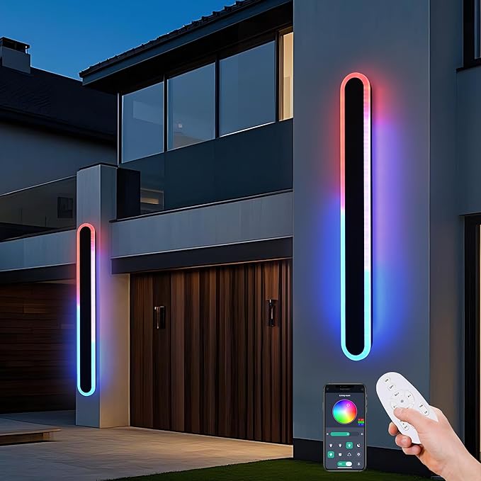 TODOLUZ 2-Pack 48-Inch RGB Dimmable Outdoor Wall Sconce Lighting, IP65 Waterproof 30W Exterior Long Linear Porch Wall Light Fixture with Remote Control