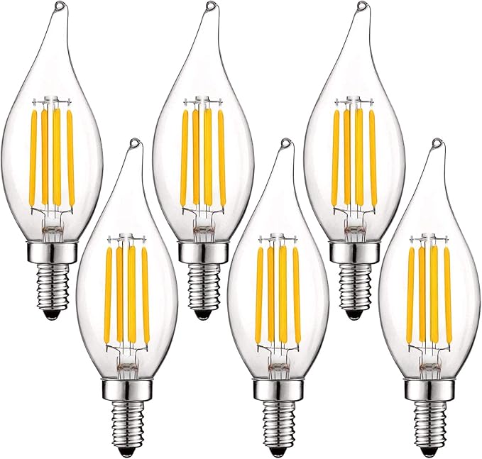 LUXRITE Vintage Candelabra LED Bulb 60W Equivalent, 550 Lumens, 2700K Warm White, LED Chandelier Light Bulbs 5W, Dimmable, Flame Tip Clear Glass, Filament Candle Bulbs, E12 Base (6 Pack)