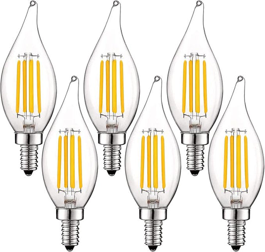 LUXRITE Vintage Candelabra LED Bulb 60W Equivalent, 550 Lumens, 2700K Warm White, LED Chandelier Light Bulbs 5W, Dimmable, Flame Tip Clear Glass, Filament Candle Bulbs, E12 Base (6 Pack)