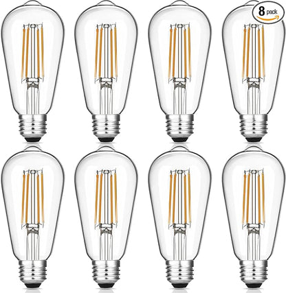 Vintage LED Edison Bulbs, 6W, Equivalent 60W, Dimmable, Warm White 2700K, ST58 Antique LED Filament Bulbs with 90+ CRI, E26 Medium Base, Clear Glass, 8 Count (Pack of 1)