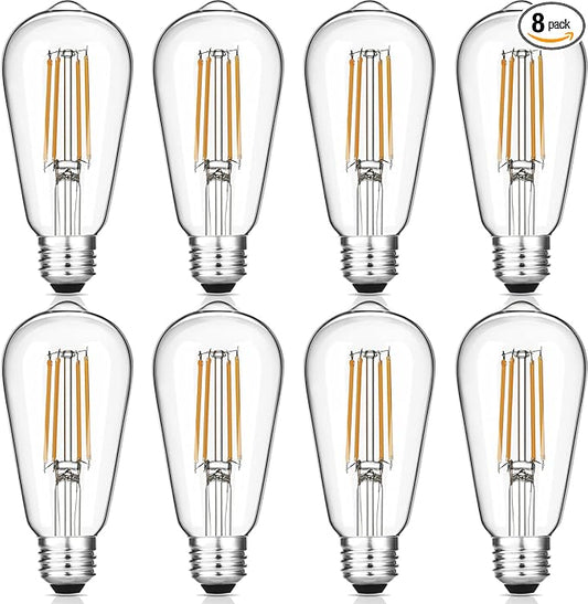 Vintage LED Edison Bulbs, 6W, Equivalent 60W, Dimmable, Warm White 2700K, ST58 Antique LED Filament Bulbs with 90+ CRI, E26 Medium Base, Clear Glass, 8 Count (Pack of 1)