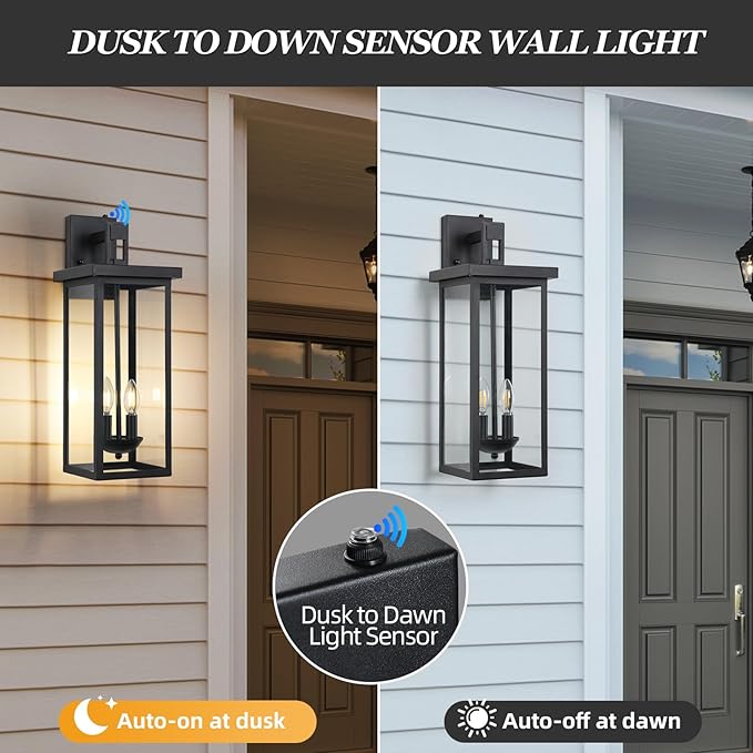 22 Inch Dusk to Dawn Outdoor Lighting,Large Porch Light Outdoor Light Fixture,2 Pack Outdoor Sconce Lights with E12 Base Waterproof 2-Light Black Exterior Lights for House Patio,Garage