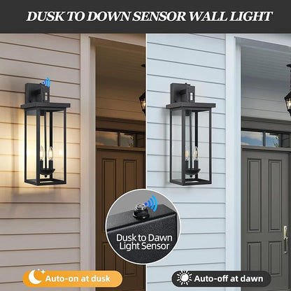 22 Inch Dusk to Dawn Outdoor Lighting,Large Porch Light Outdoor Light Fixture,2 Pack Outdoor Sconce Lights with E12 Base Waterproof 2-Light Black Exterior Lights for House Patio,Garage