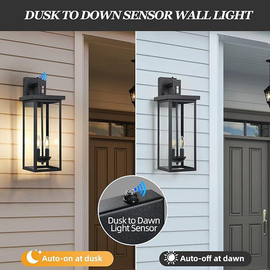 22 Inch Dusk to Dawn Outdoor Lighting,Large Porch Light Outdoor Light Fixture,2 Pack Outdoor Sconce Lights with E12 Base Waterproof 2-Light Black Exterior Lights for House Patio,Garage
