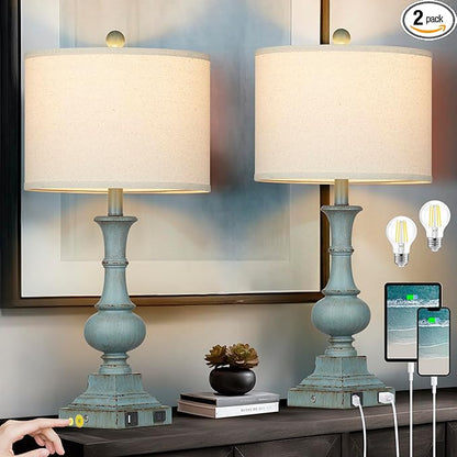 Farmhouse Table Lamps Set of 2, Rustic Touch Control Bedside Lamps with 2 USB Ports & AC Outlet, Vintage Resin 3-Way Dimmable Nightstand Lamp Linen Fabric Shade for Living Room Bedroom Decor Blue