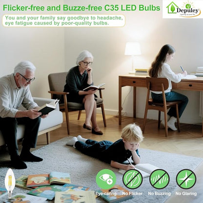 Depuley LED Light Bulbs E12: Candelabra Candle Light Bulb 4W Equivalent 40W Incandescent - LED Chandelier Light Bulbs 5000K Daylight - C35 Clear Filament Bulb E12 Base 500 LM 90+ CRI 6 Pack