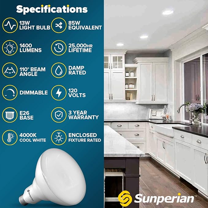 SUNPERIAN BR40 LED Light Bulbs, 13W=85W, 4000K Cool White, 1400 Lumens, Dimmable Flood Light Bulbs for Recessed Cans, Enclosed Fixture Rated, Damp Rated, UL Listed, E26 Standard Base (4 Pack)