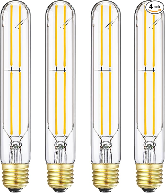 Tubular Light Bulb 7.3 Inch E26 LED Bulb Dimmable 6W 60 Watt Long Light Bulb,Warm White 2700K, AC120V,600LM,T10 led Bulb for Rustic Pendant,Industrial Wall sconces E26 Light Bulbs 4Pack(6W-2700K)