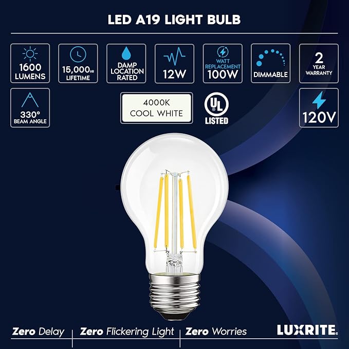 LUXRITE Vintage A19 LED Light Bulbs 100 Watt Equivalent, 1600 Lumens, 4000K Cool White, Dimmable Edison Light Bulbs, 12W, Damp Rated, UL Listed, Clear Glass Filament Bulb, E26 Medium Base (2 Pack)
