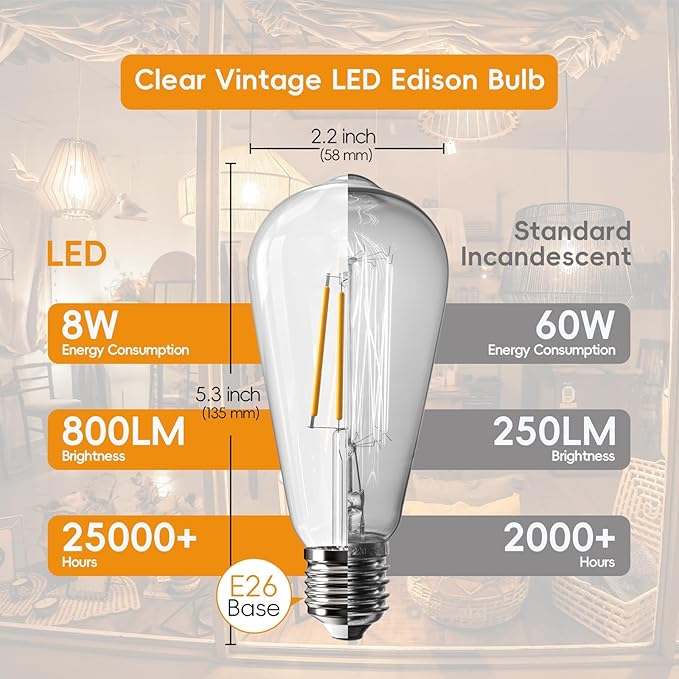 Jensense LED Edison Light Bulbs 8 Watt Dimmable 5000K Daylight White, E26 60 Watt Equivalent, Vintage Bulbs 800lm CRI 90 Clear Glass 96 Pack