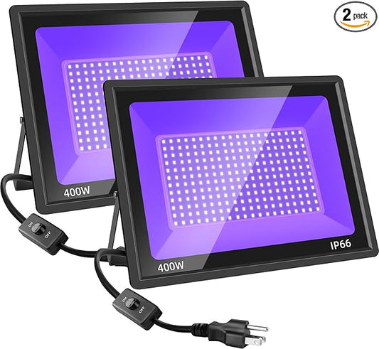 400W LED Black Flood Lights 2 Pack, Blacklight with Plug, Outdoor Black Lights for Glow Party, Neon Glow, Halloween, Body Painting, Fluorescent Painting and Tapestry Aquarium