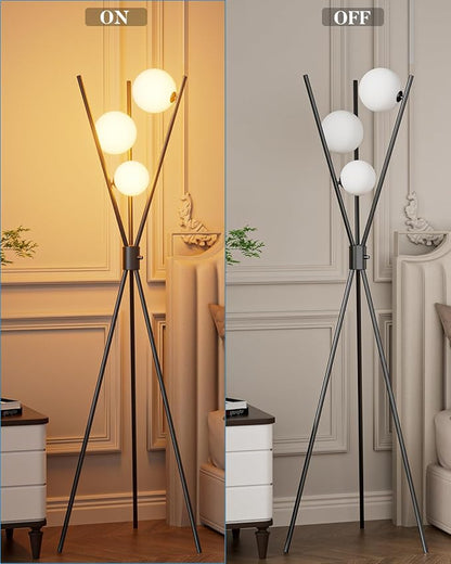 3 Globe Dimmable Tripod Floor Lamp, Mid Century Standing Lamps with 3Pcs 3000K Bulbs Included, Modern Tall Lamp for Living Room Bedroom Office-Black