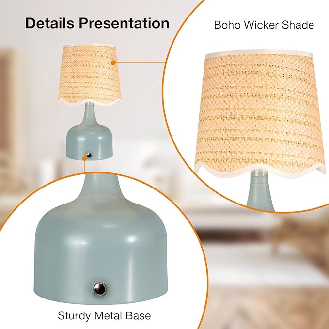 Cordless Boho Table Lamp Blue, Wicker Shade, 5200-mAh Rechargeable Battery, 3-Way Dimmable, Build-in Integrated LED 320 Lumen Max, for Bedside Living Room