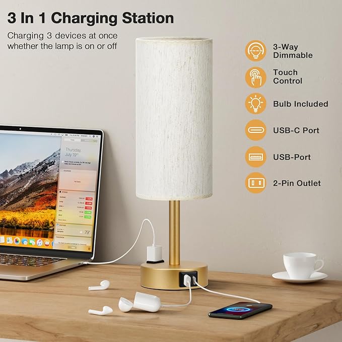 Gold Touch Table Lamps Set - 3 Way Dimmable Bedroom Lamps with USB C and A Ports, Small Lamps for Nightstand with AC Outlet, Gold Base Round Flaxen Shade for Desk, Office, Dorm, Nursery