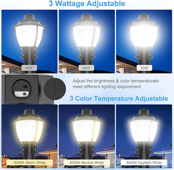 BBESTLED 10Pack LED Post Top Light, 80W 60W 48W Adjustable LED Pole Area Lights with Dusk to Dawn Photocell, 3/4/5000K, ETL DLC Listed Outdoor Post Lights for Garden Yard, IP65 Waterproof AC100-277V