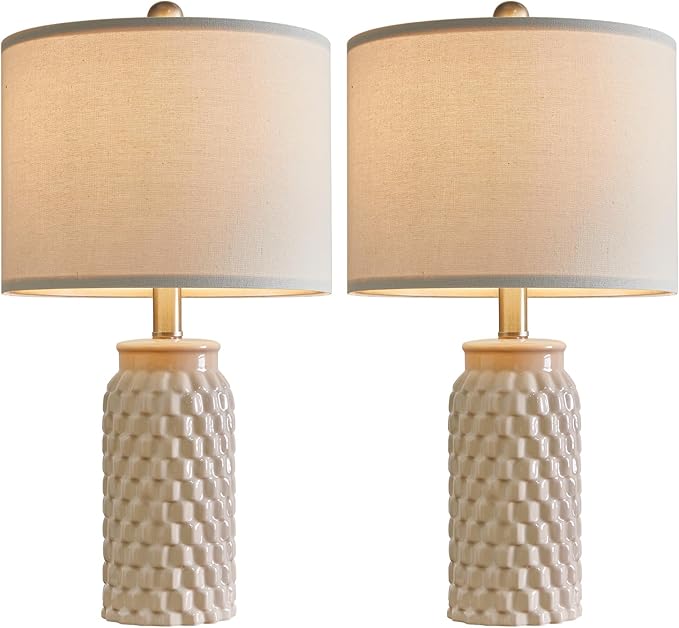 20.5" Set of 2 Bedside Table Lamps Modern Cream Honeycomb Ceramic - Linen Shade, E26 Knob Switch for Living Room, Bedroom & Nightstand
