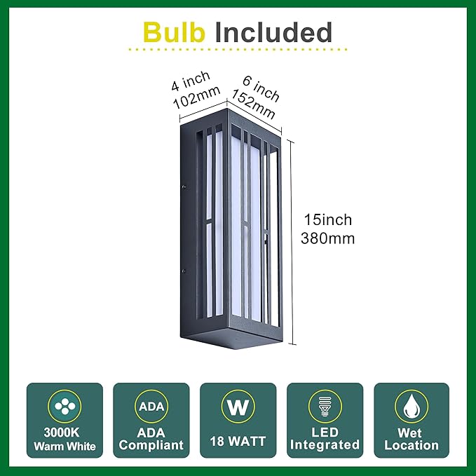 Outdoor Wall Lights, IP65 Waterproof & Anti-Rust, 1700 Lumens LED Porch Light, Triac Dimming, Textured Black Metal with White Acrylic Shade & UV Rated,Wall Mount for Patio, Entryway