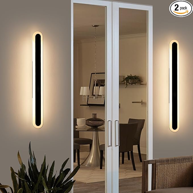 2 Pack 39.3inch Modern Outdoor Wall Light Fixture, IP65 Waterproof Oval LED Wall Mounted Sconce, 3000K Warm White, 36W, Black Strip Exterior Lighting for House, Backyard, Garden, Garage