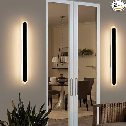 2 Pack 39.3inch Modern Outdoor Wall Light Fixture, IP65 Waterproof Oval LED Wall Mounted Sconce, 3000K Warm White, 36W, Black Strip Exterior Lighting for House, Backyard, Garden, Garage