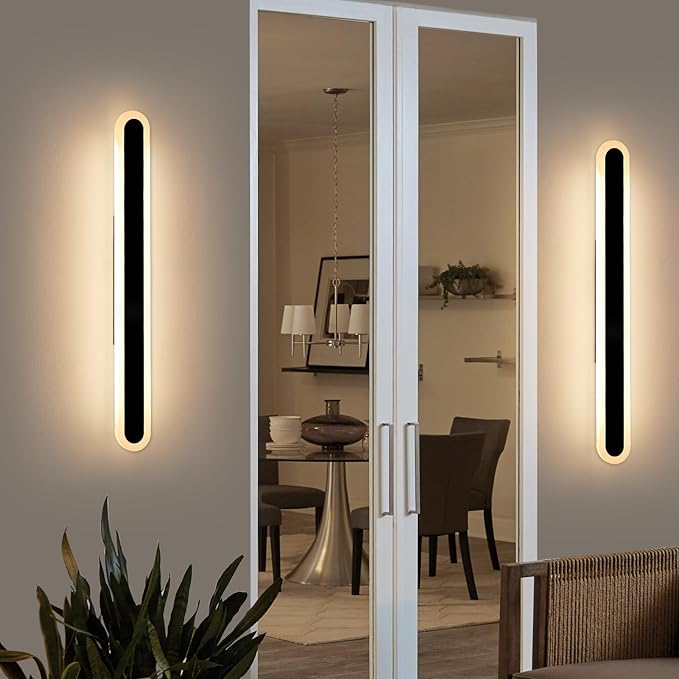 2 Pack 31.4inch Modern Outdoor LED Wall Sconce, 3000K Warm White, Black Oval Exterior Wall Light Fixture, 31W, IP65 Waterproof Long Strip Led Lighting for Porch, Patio, Garage, Yard