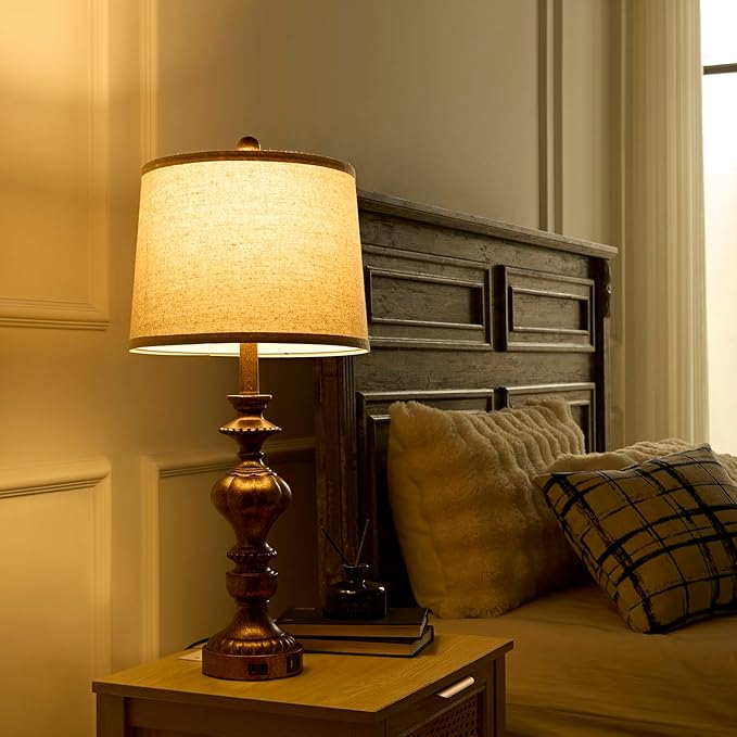 27.5" Farmhouse Table Lamps Set of 2 Bedside Nightstand Lamp with USB C+A Ports & AC Outlet, 3 Way Dimmable Lamps for Bedroom Living Room Office Rustic Lamp (Rotary Switch-Copper)
